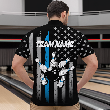 US Blue Flag Bowling Shirt for Men Custom Name Polo & Quarter-Zip Bowling Jersey Bowling Team Shirt HNT23