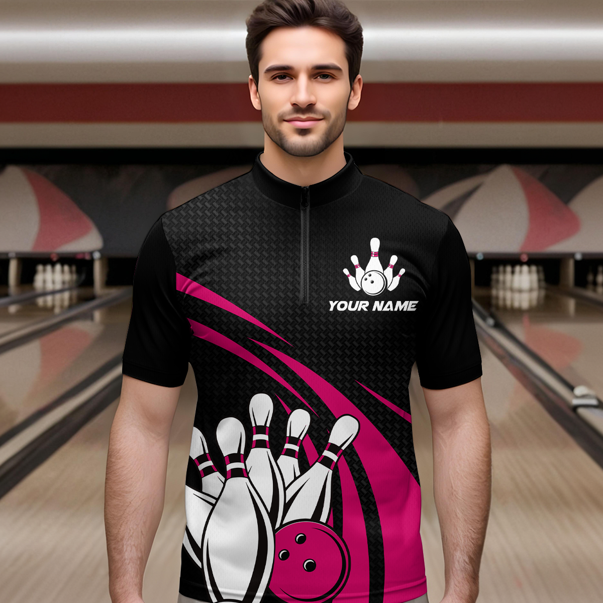 Pink Bowling Jersey Men Custom Bowling Team Shirts Unisex Bowling Men Short Sleeve Quarter-zip Shirt CP29