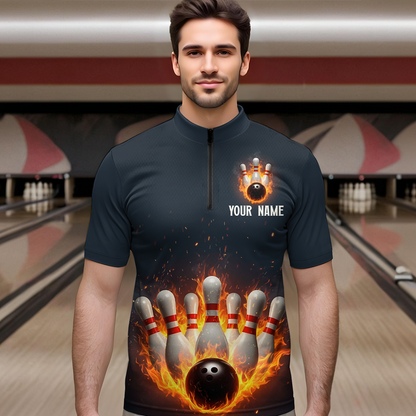 Custom Flaming Bowling Shirt for Men Women Fire Bowling Polo Shirts & Quarter Zip MBL83