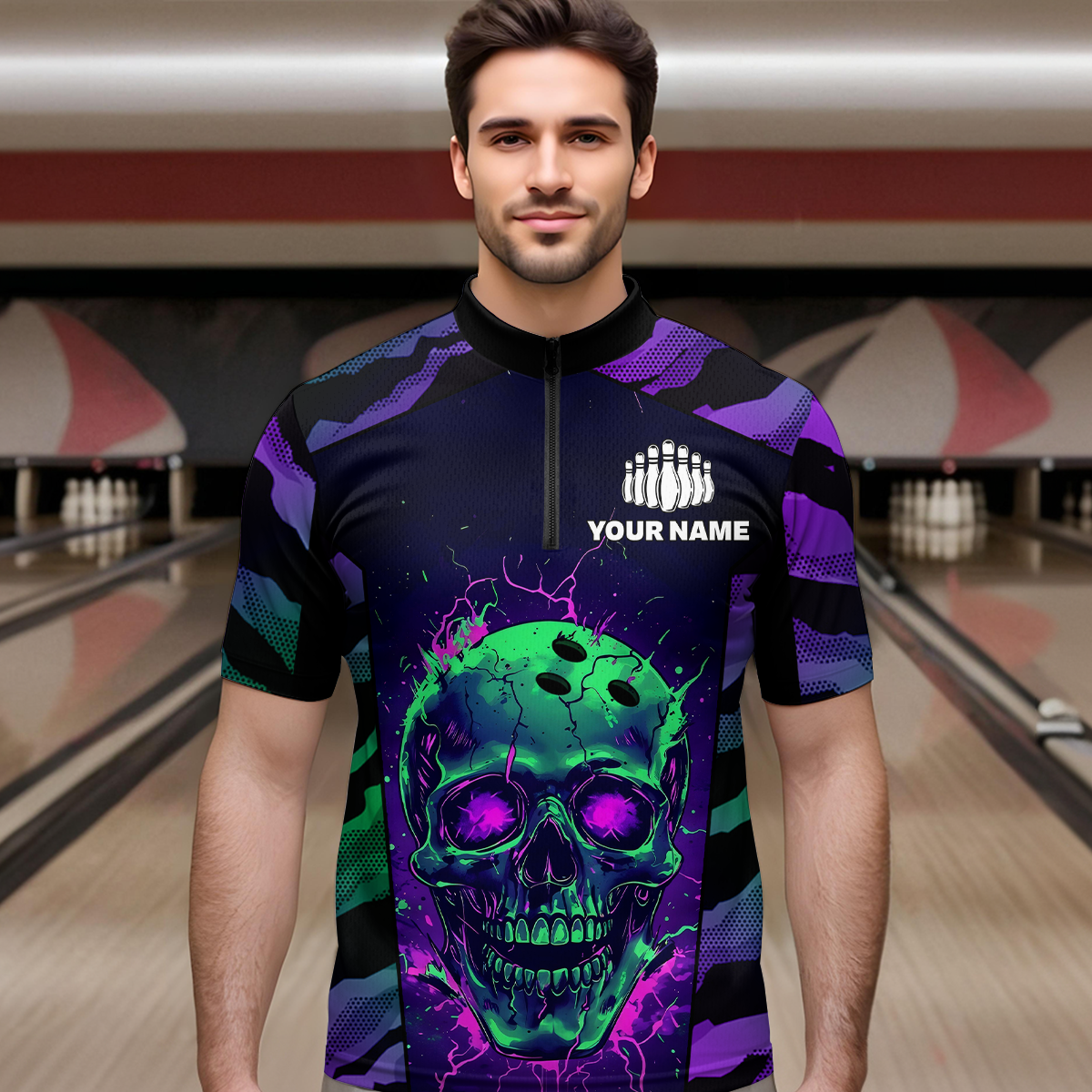 Black & Purple Skull Bowling Jersey Custom Quarter-Zip Bowling Team Shirt for Men Women QZT675