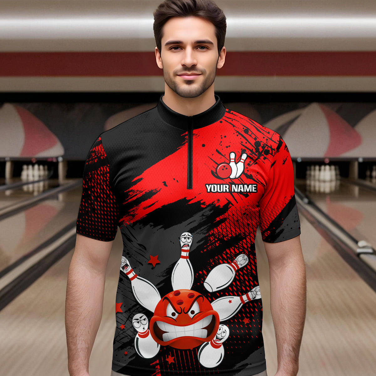 Red Bowling Shirt Custom Bowling Jersey Men Women Team Bowling Polo 1/4 Zip Shirt MBL56