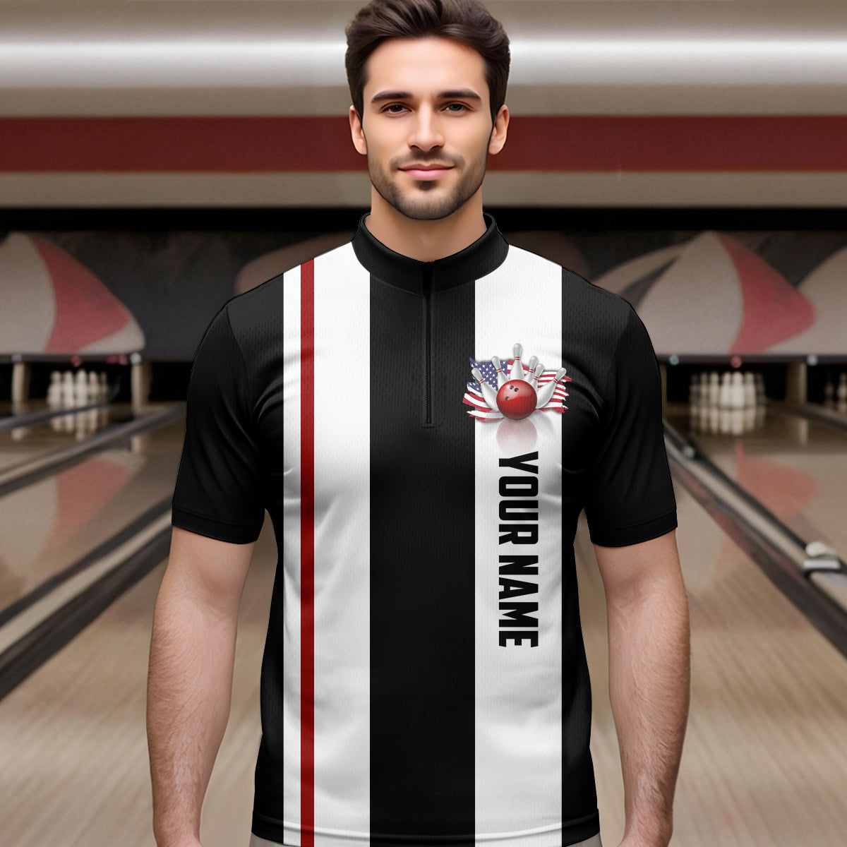 American Flag Bowling Shirt Patriotic Bowling Jersey for Men Women Bowling Polo&1/4 Zip MBL29