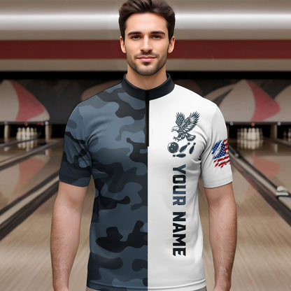 Camouflage Bowling Shirt Custom Eagle Bowling Team Jersey Patriotic Quarter-Zip Shirt QZT676