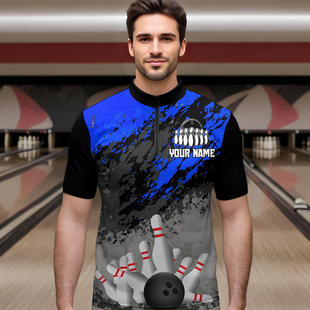 Custom Blue Bowling Shirt forMen Women Team Bowling Jersey Bowling Polo & 1/4 Zip Shirt MBL40