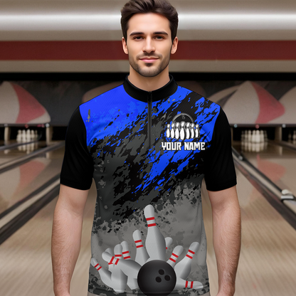 Custom Blue Bowling Shirt forMen Women Team Bowling Jersey Bowling Polo & 1/4 Zip Shirt MBL40