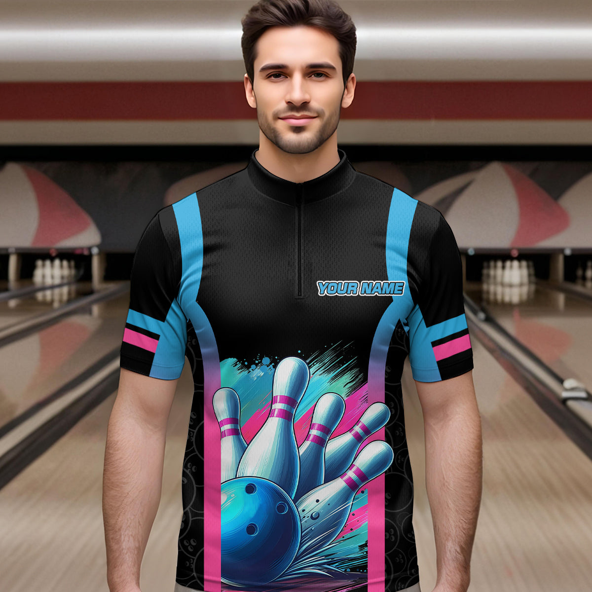 Pink&Blue Bowling Shirt for Men Women Team Bowling Jersey Bowling Polo & 1/4 Zip MBL57