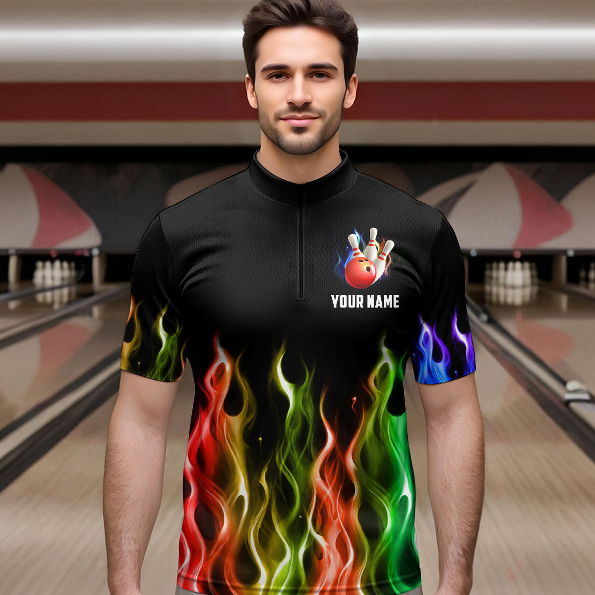 Rainbow Flame Eagle Bowling Team Jersey Personalized Bowling Quarter-Zip Shirt For Men And Women QZT681