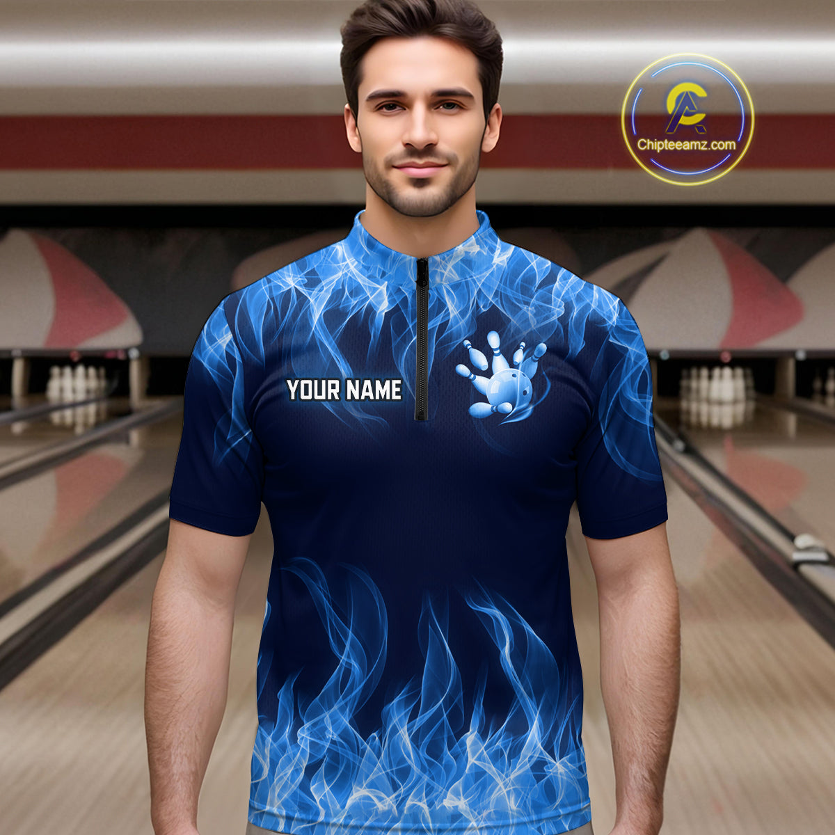 Custom Blue Flame Bowling Jersey for Men Bowling Uniform Polo & 1/4 Zip Bowling Team Shirts HNT106