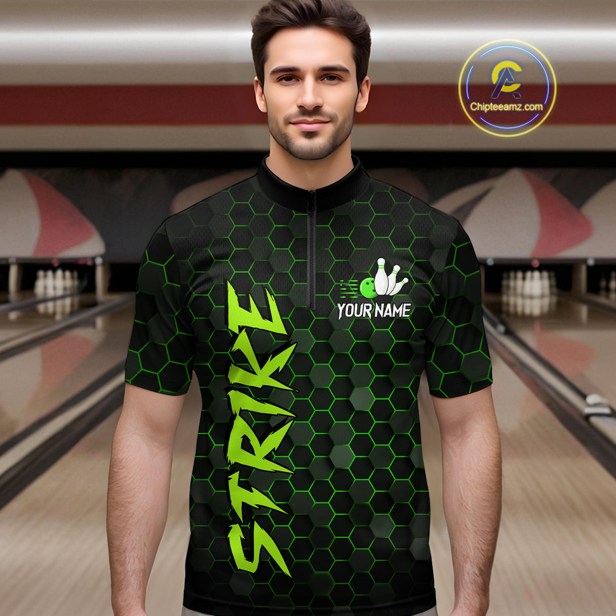 Custom Strike Green Bowling Men Bowling Shirt Polo & Quarter-Zip Bowling Team Jerseys HNT79