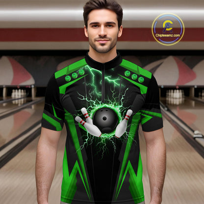 Black Men bowling Polo, Quarter Zip shirt Custom lightning thunder team league bowling jersey | Green NQS10374