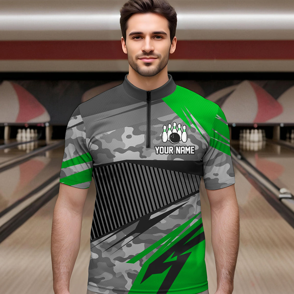 Green Camo Bowling Shirts for Women Men Custom Team Bowling Polo & 1/4 Zip Shirt MBL61