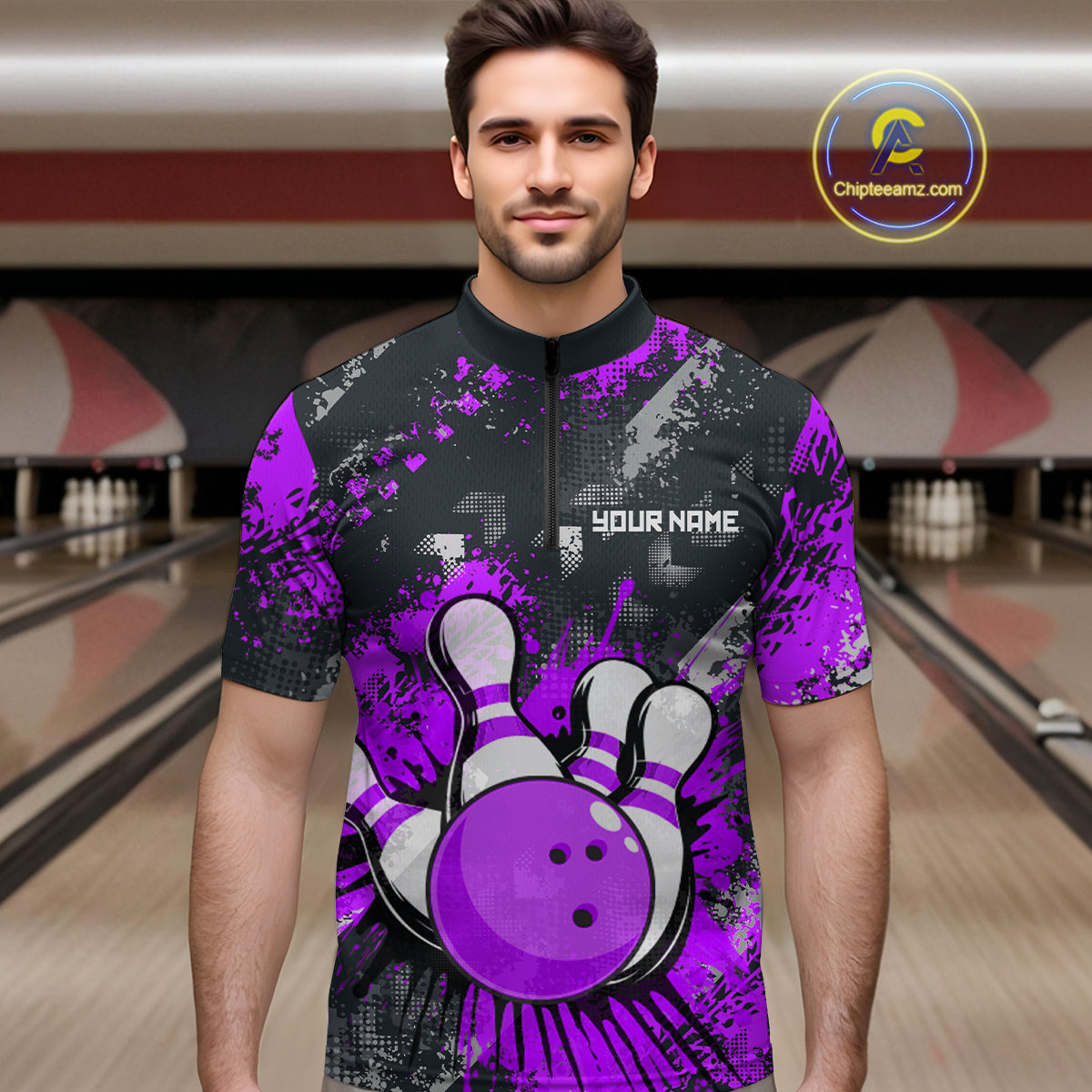 Purple Watercolor Bowling Shirts for Women Men Custom Team Bowling Polo&1/4 Zip Shirt MBL110