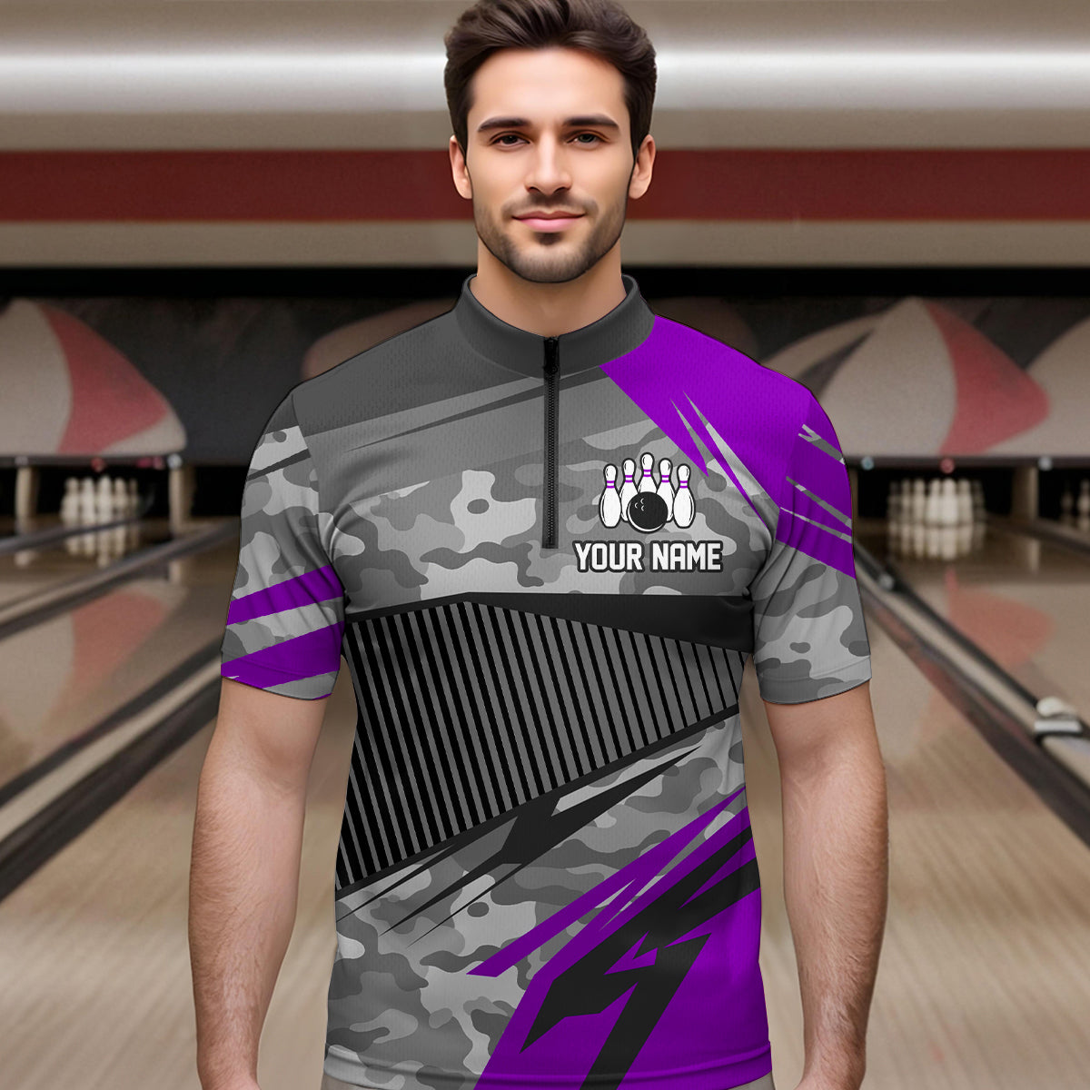 Purple Camo Bowling Shirts for Women Men Custom Team Bowling Polo & 1/4 Zip Shirt MBL61