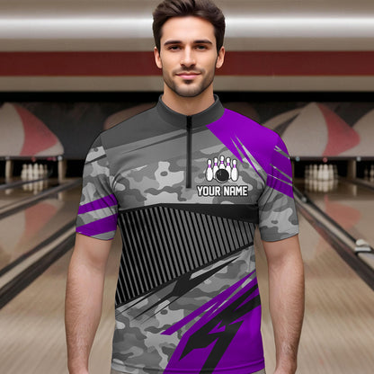 Purple Camo Bowling Shirts for Women Men Custom Team Bowling Polo & 1/4 Zip Shirt MBL61