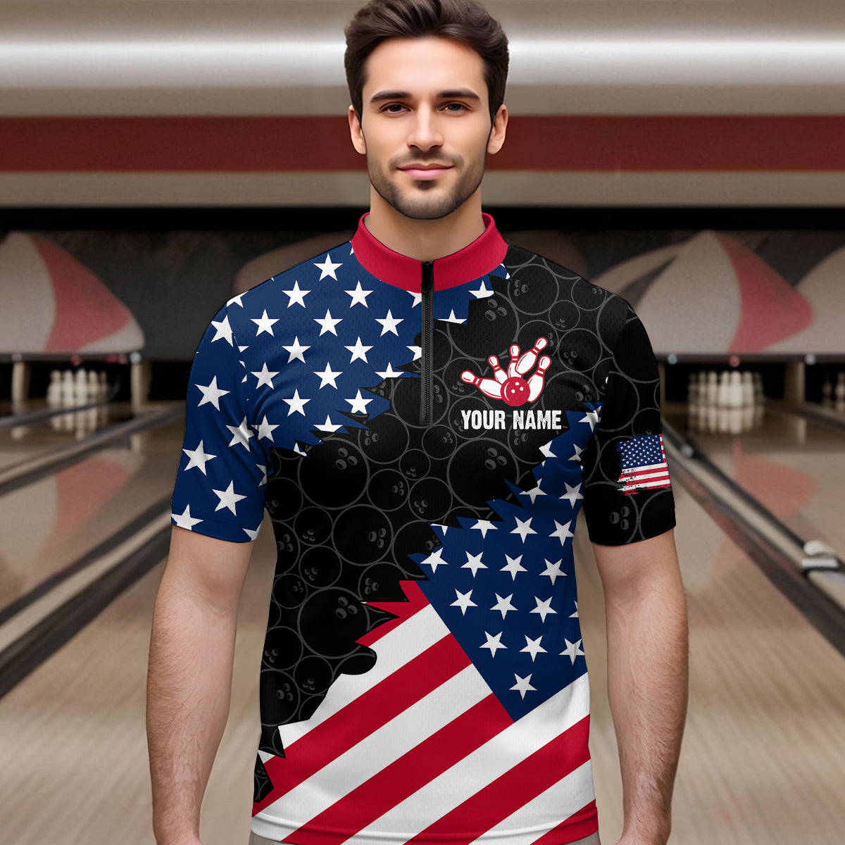 Custom American Bowling 1/4 Zip Shirt for Men & Women Eagle Bowling Jersey Team League Black BDT548