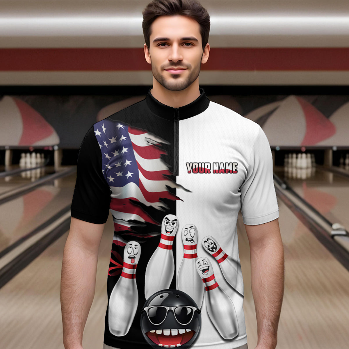US Flag Bowling Shirt Funny Black & White Bowling Jersey Men Quarter-Zip Performance Bowling Shirt QZT263