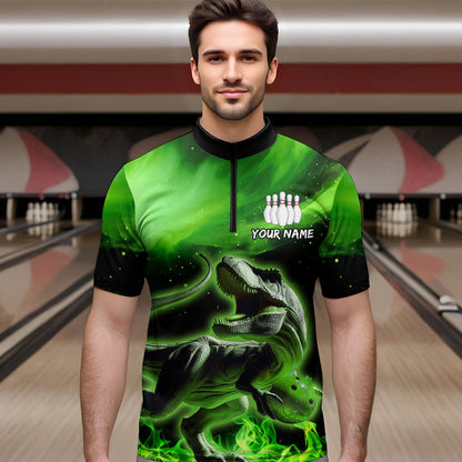 Personalized Green Dinosaur Bowling Shirt Bowling Quarter-Zip Team League for Men Women QZT666