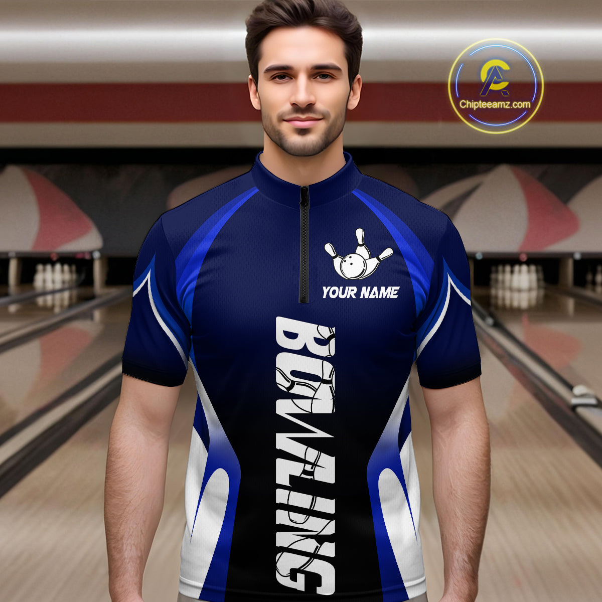 Custom Blue Bowling Shirt for Men Women Team Bowling Jerseys Polo 1/4 Zip MBL106