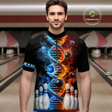 Load image into Gallery viewer, Man wearing custom ice and fire DNA bowling 1/4 zip shirt, front view mockup, personalized bowling league jersey.