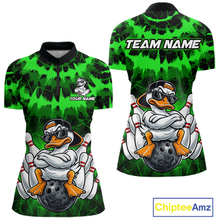 Load image into Gallery viewer, Custom Green Funny Duck Bowling Jersey for Women Bowling Uniform Polo &amp; 1/4 Zip Bowling Team Shirts HNT238