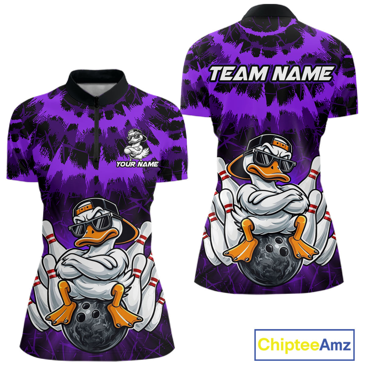 Custom Purple Funny Duck Bowling Jersey for Women Bowling Uniform Polo & 1/4 Zip Bowling Team Shirts HNT238