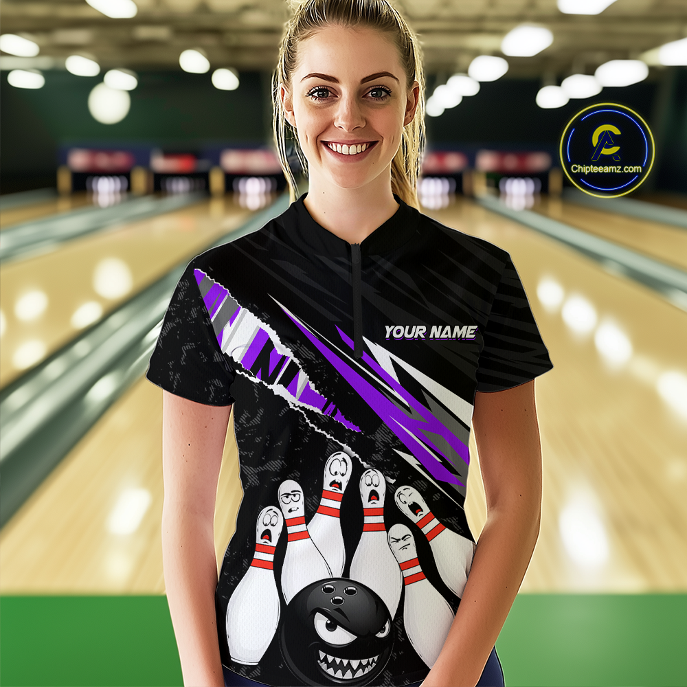 Custom Purple Funny Bowling Jersey for Women Bowling Uniform Polo & 1/4 Zip Bowling Team Shirts HNT128