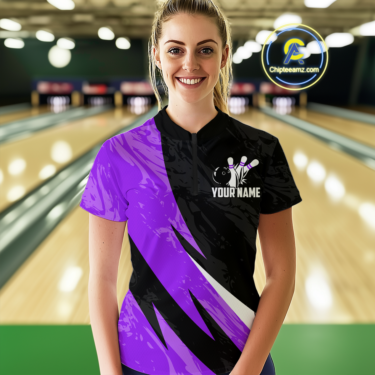 Custom Purple Bowling Custom Women Bowling Shirt Polo & Quarter-Zip Bowling Team Jerseys HNT75