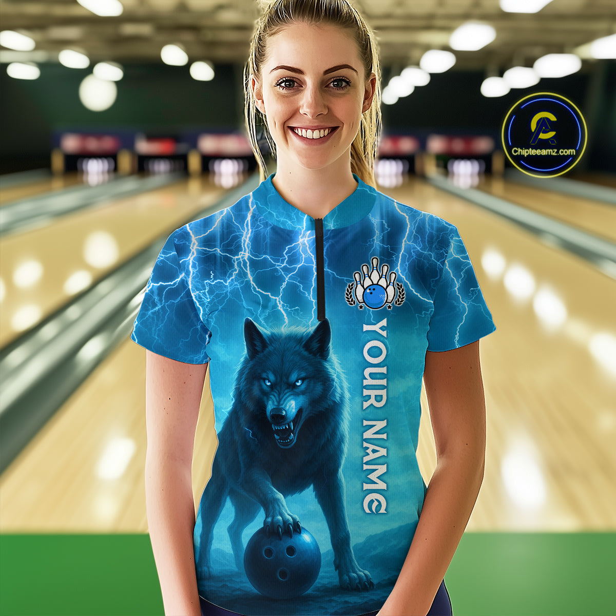 Lightning Wolf Bowling Shirts for Team Women Men Custom Blue Wolf Bowling Jerseys MBL193