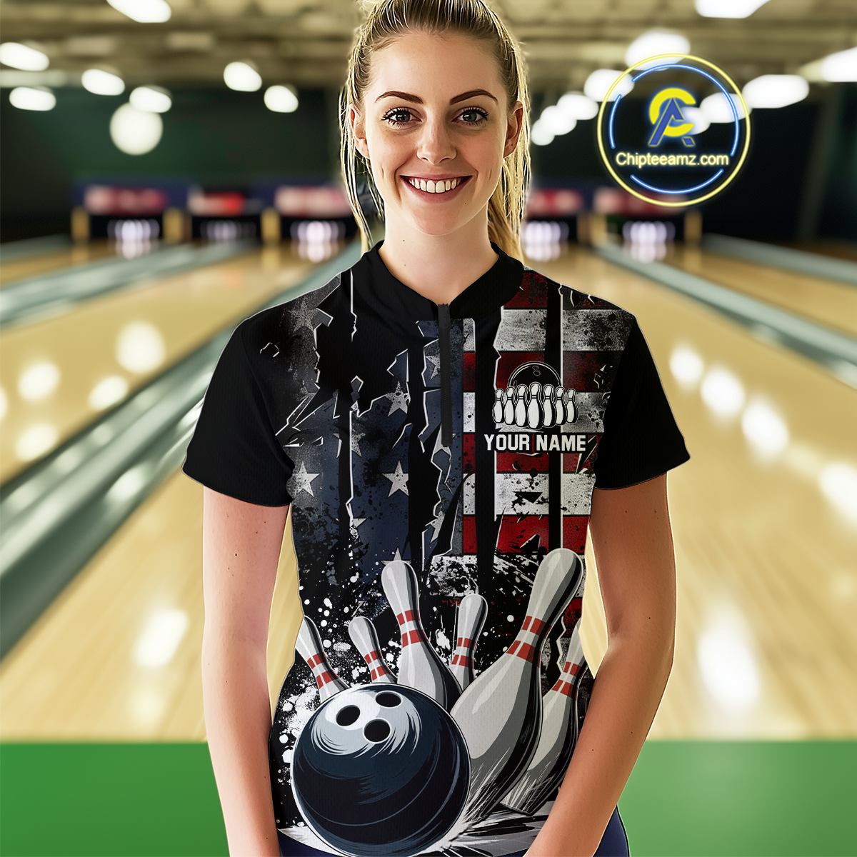 Custom Cracked US Flag Bowling Women Bowling Shirt Polo & Quarter-Zip Bowling Team Jerseys HNT86