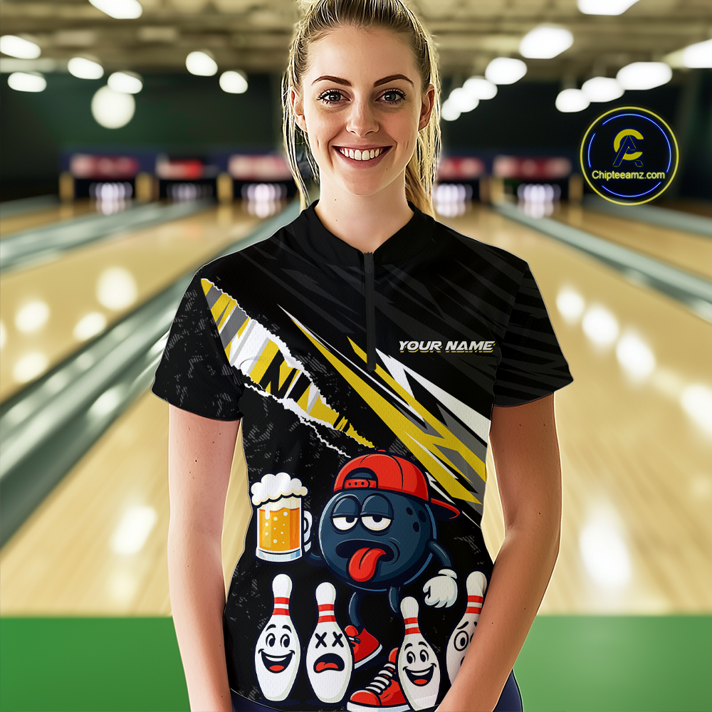 Custom Yellow Beer Bowling Jersey for Women Bowling Team Shirts Bowling Uniform Polo & 1/4 Zip HNT133