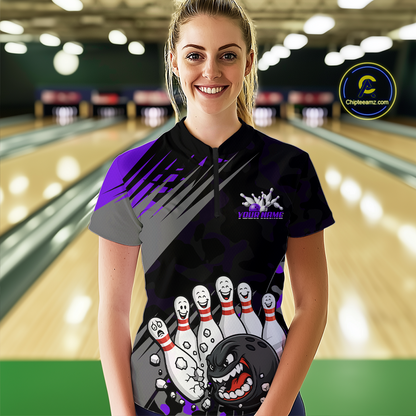 Custom Purple Funny Bowling Shirt Crazy Bowling Jersey Women Polo & 1/4 Zip Bowling Outfit QZT785