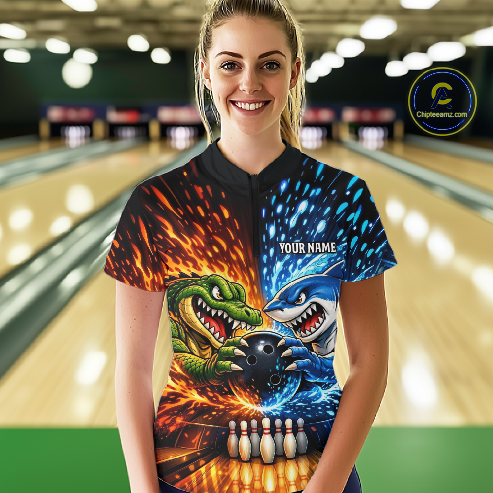 Custom Flame Shark and Alligator Bowling Jersey for Women Bowling Uniform Bowling Team Shirts HNT248