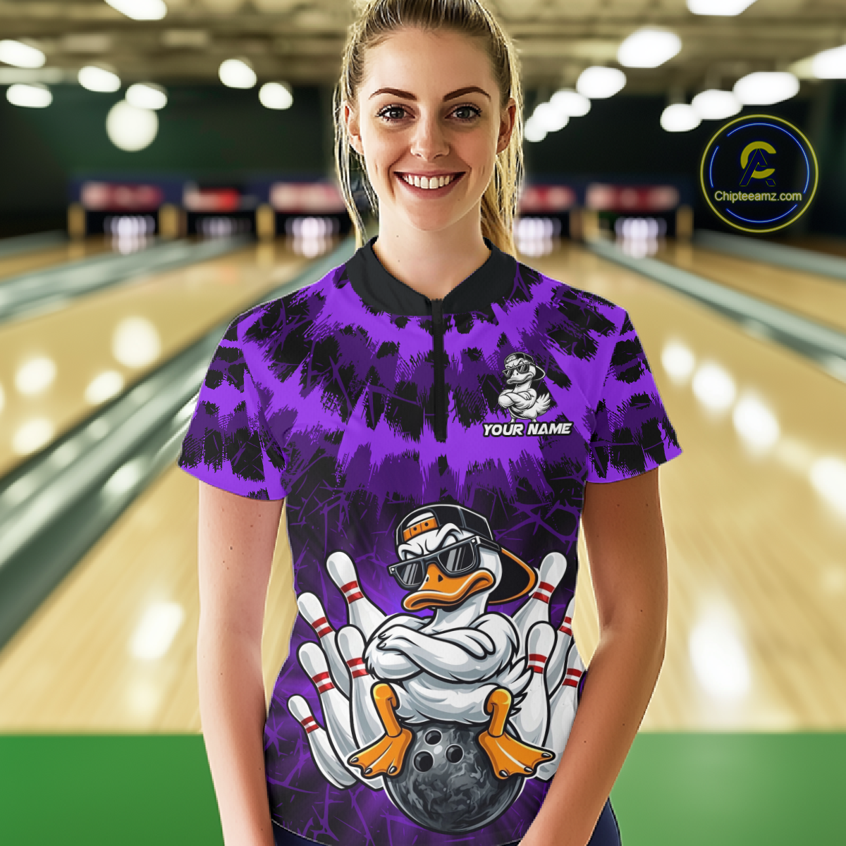 Custom Purple Funny Duck Bowling Jersey for Women Bowling Uniform Polo & 1/4 Zip Bowling Team Shirts HNT238