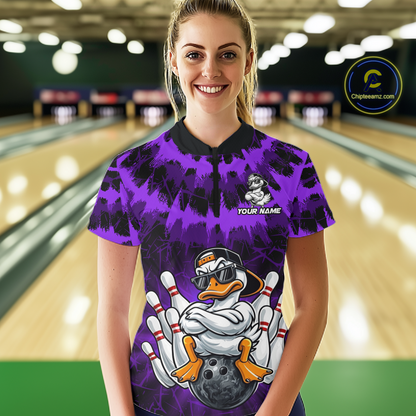 Custom Purple Funny Duck Bowling Jersey for Women Bowling Uniform Polo & 1/4 Zip Bowling Team Shirts HNT238