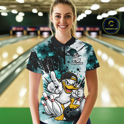 Custom Watercolor Teal Duck Bowling Jersey for Women Bowling Team Shirts Polo & 1/4 Zip HNT239