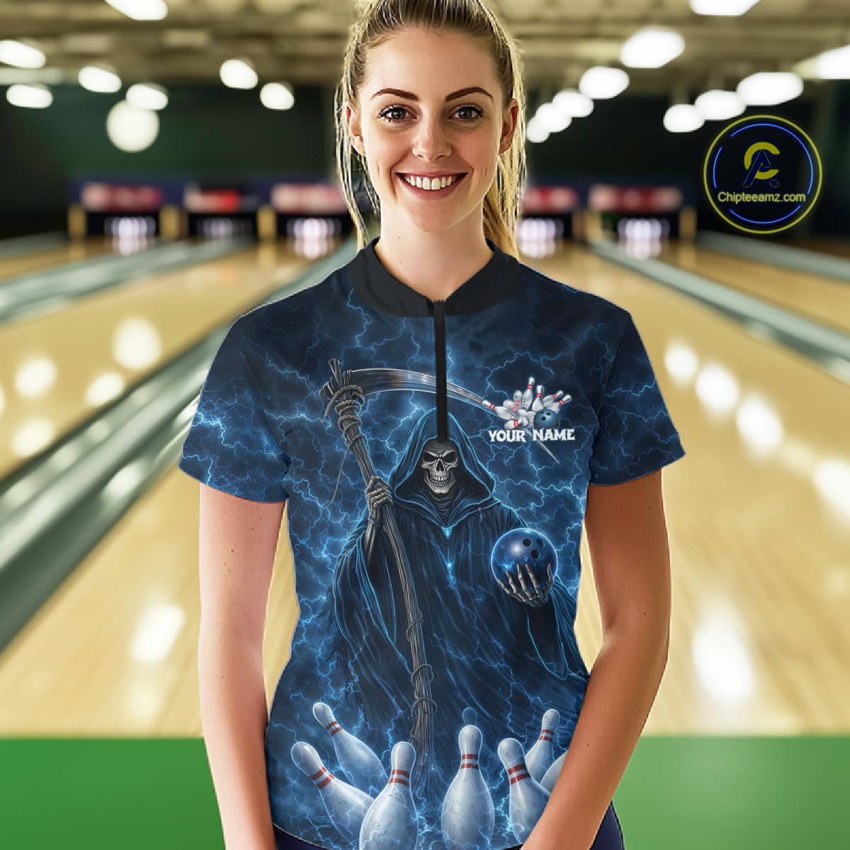 Blue Thunder Lightning Bowling Shirt for Women Bowling League Jersey Polo & Quarter-Zip Bowling Outfit QZT932