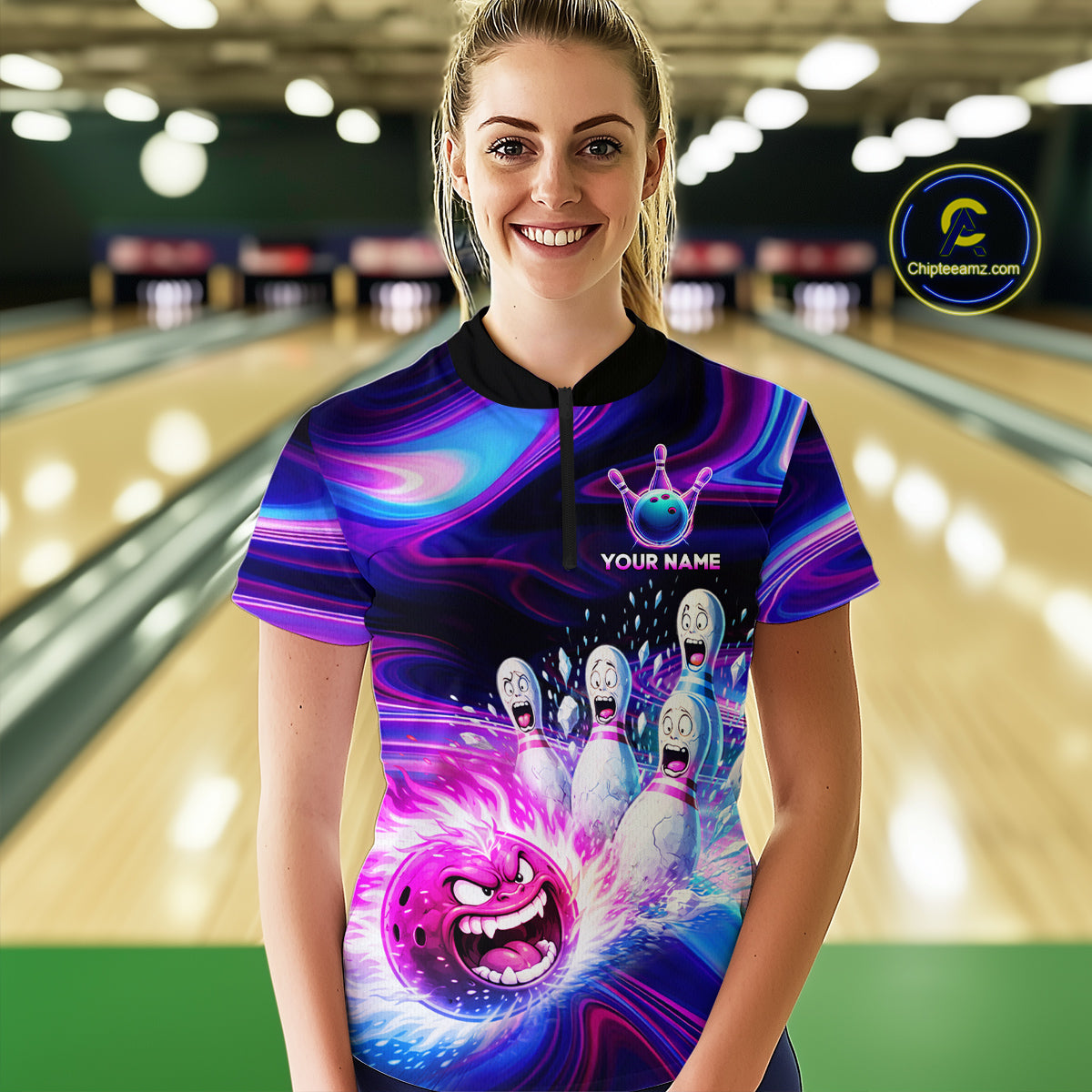 Custom Purple Blue Crazy Bowling Shirt for Women Polo & 1/4-Zip Bowling League Outfit QZT831