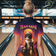 Load image into Gallery viewer, Women’s retro funny cat bowling quarter zip shirt, back view on female model in bowling lane 