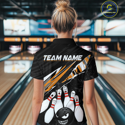 Custom Orange Funny Bowling Jersey for Women Bowling Uniform Polo & 1/4 Zip Bowling Team Shirts HNT128