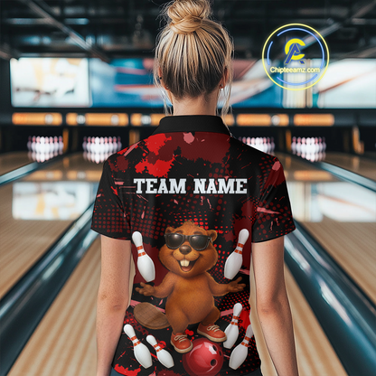 Custom Red Funny Beaver Bowling Team Shirt Women Bowling League Jersey Polo Bowling Outfit QZT764