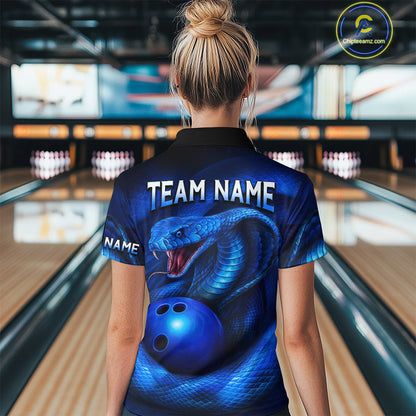Custom 3D Blue Cobra Snake Bowling Team Shirt Bowling Jersey Outfit for Women Polo & Quarter-Zip QZT723