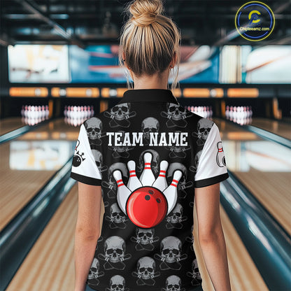 Black & White Bowling Shirt Custom Skull Quarter-Zip Bowling Jersey Gift for Bowlers QZT693