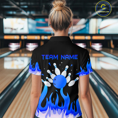 Custom Blue Flame Bowling Shirts for Women Polo & Quarter-Zip Bowling Team Jerseys HNT82