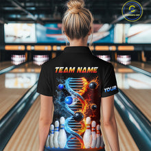 Load image into Gallery viewer, Woman wearing custom ice and fire DNA bowling 1/4 zip shirt, back view mockup, personalized bowling league jersey.