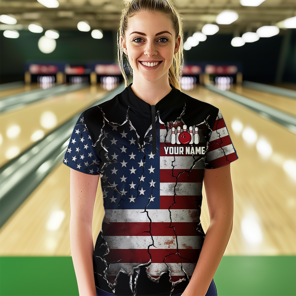 Custom US Flag Bowling Jersey for Women Bowling Team Shirts Bowling Uniform Polo & 1/4 Zip HNT161