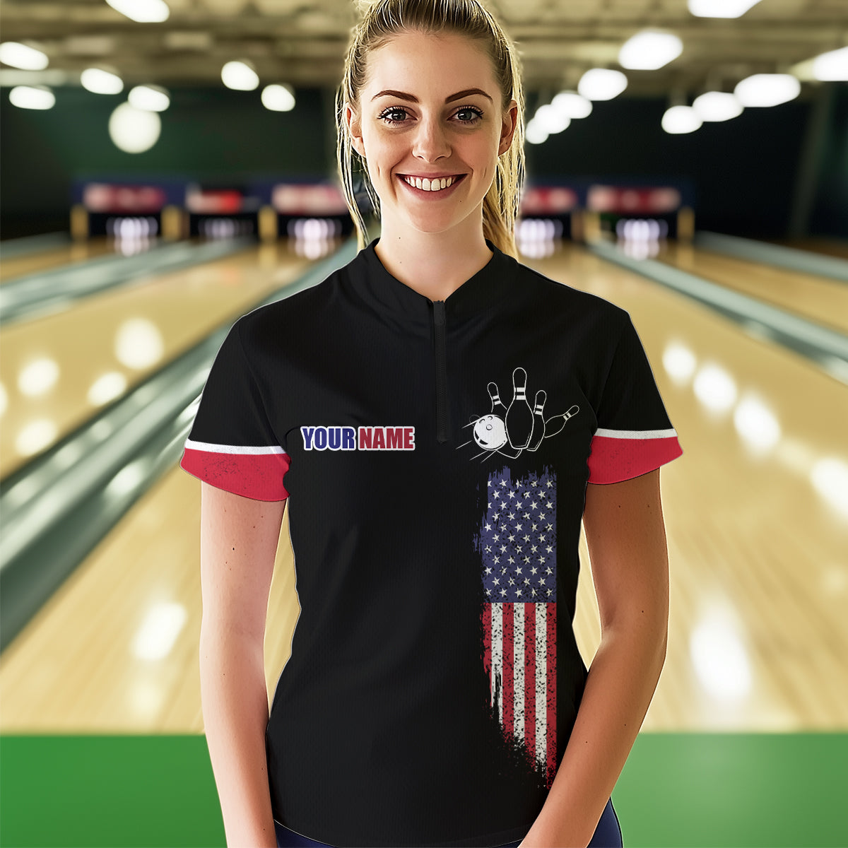 American Bowling Quarter-Zip Shirt For Men & Women Custom Eagle Bowling Team Jersey Black BDT539
