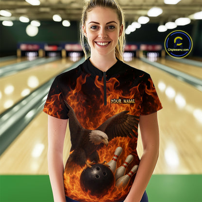 Flame Eagle Bowling Polo, Quarter Zip Shirts For Women Custom Eagle Bowling Team Jerseys NQS9972