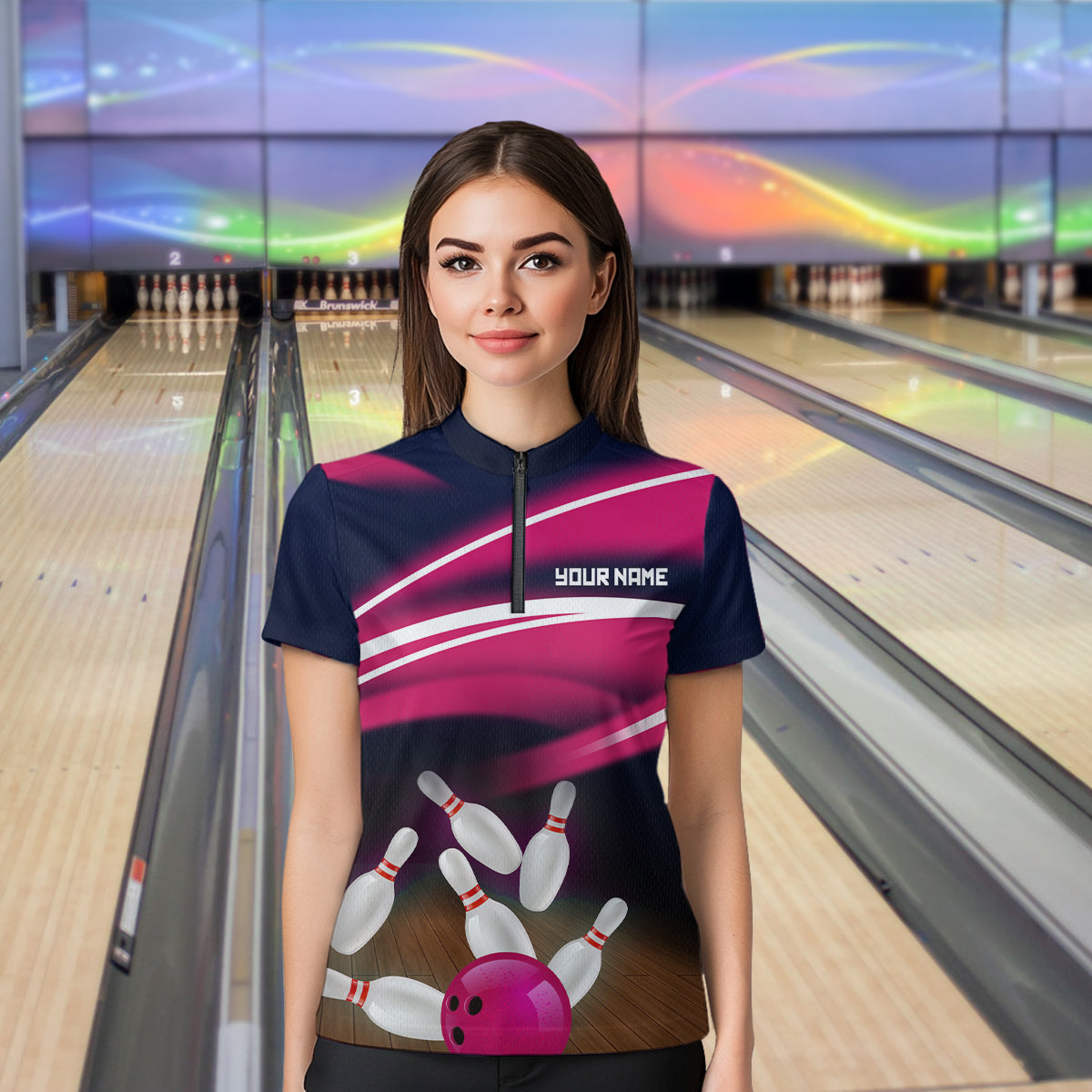 Custom Pink Bowling Jersey Bowling Team Shirts For Women Bowling League Polo & 1/4 Zip HNT163