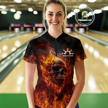 Custom Flame Skull Bowling Jersey for Women Bowling Uniform Polo & 1/4 Zip Bowling Team Shirts HNT112