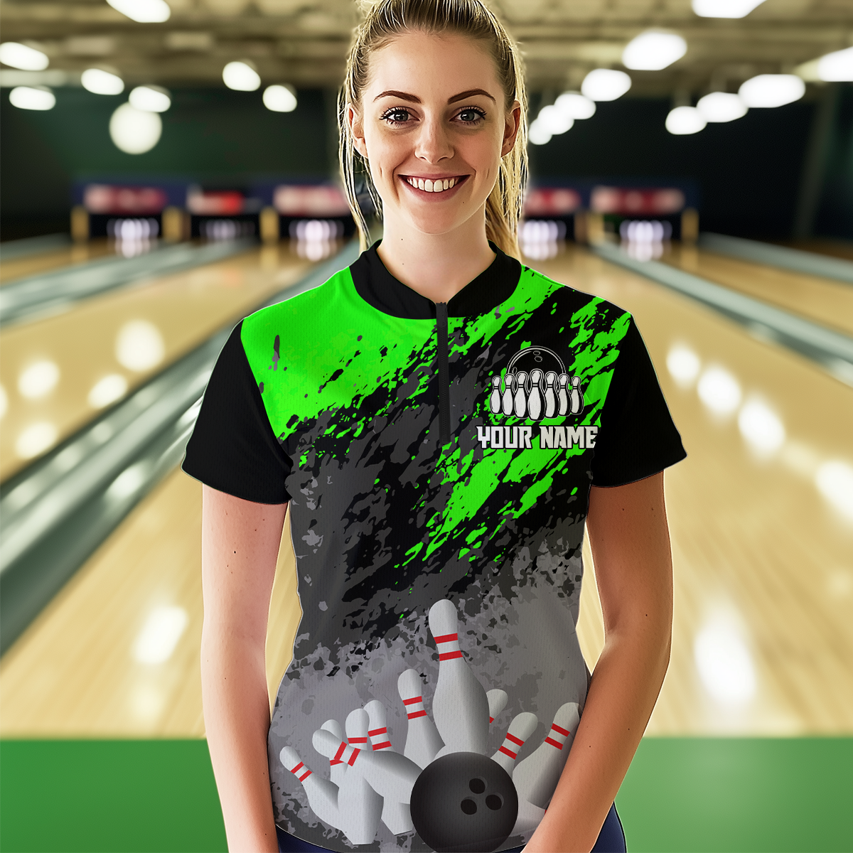 Custom Green Bowling Shirt forMen Women Team Bowling Jersey Bowling Polo & 1/4 Zip Shirt MBL40